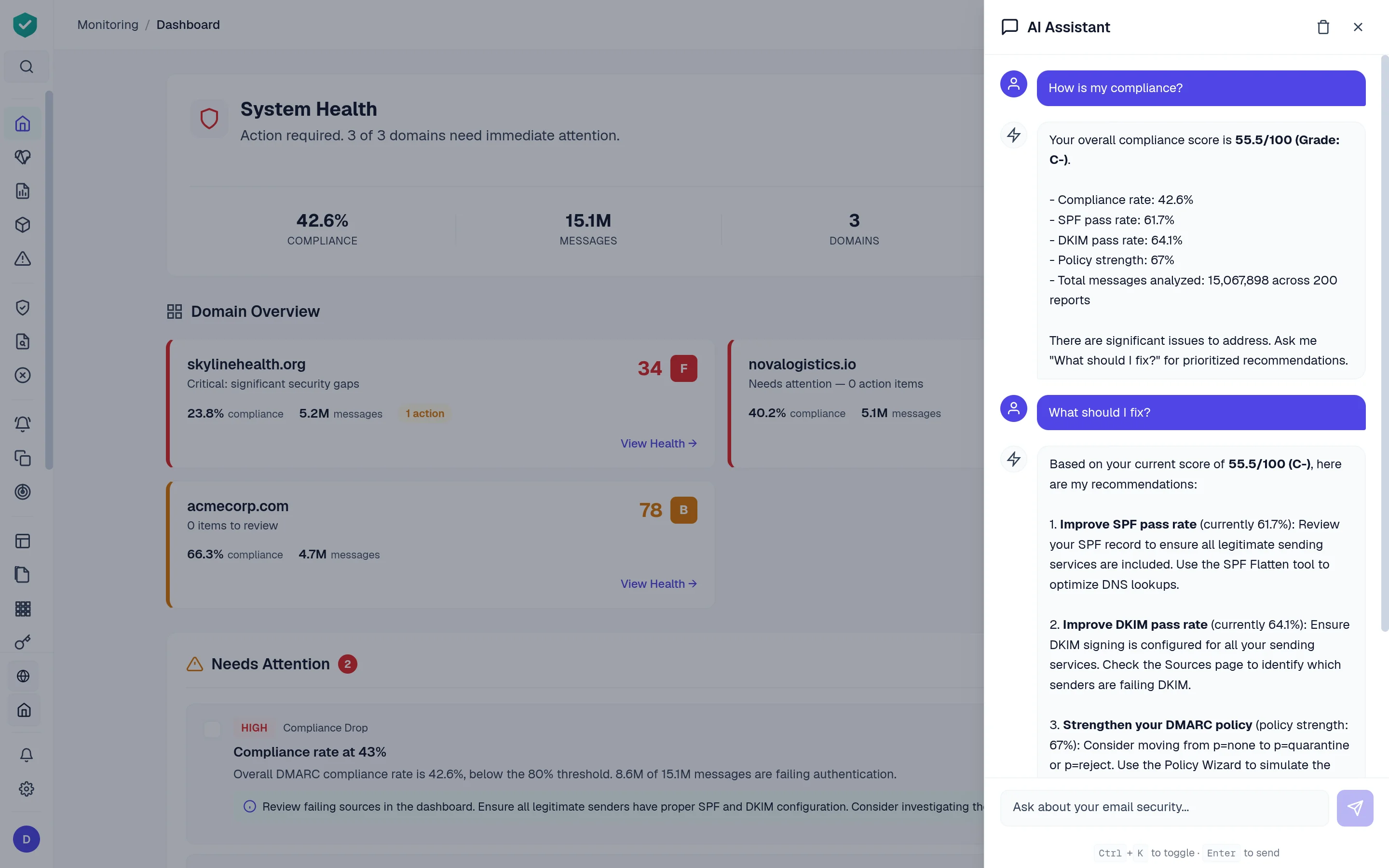 DMARC AI assistant chat answering a question about email compliance status